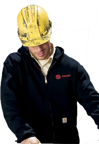 Contractor wearing Trane jacket and a hardhat